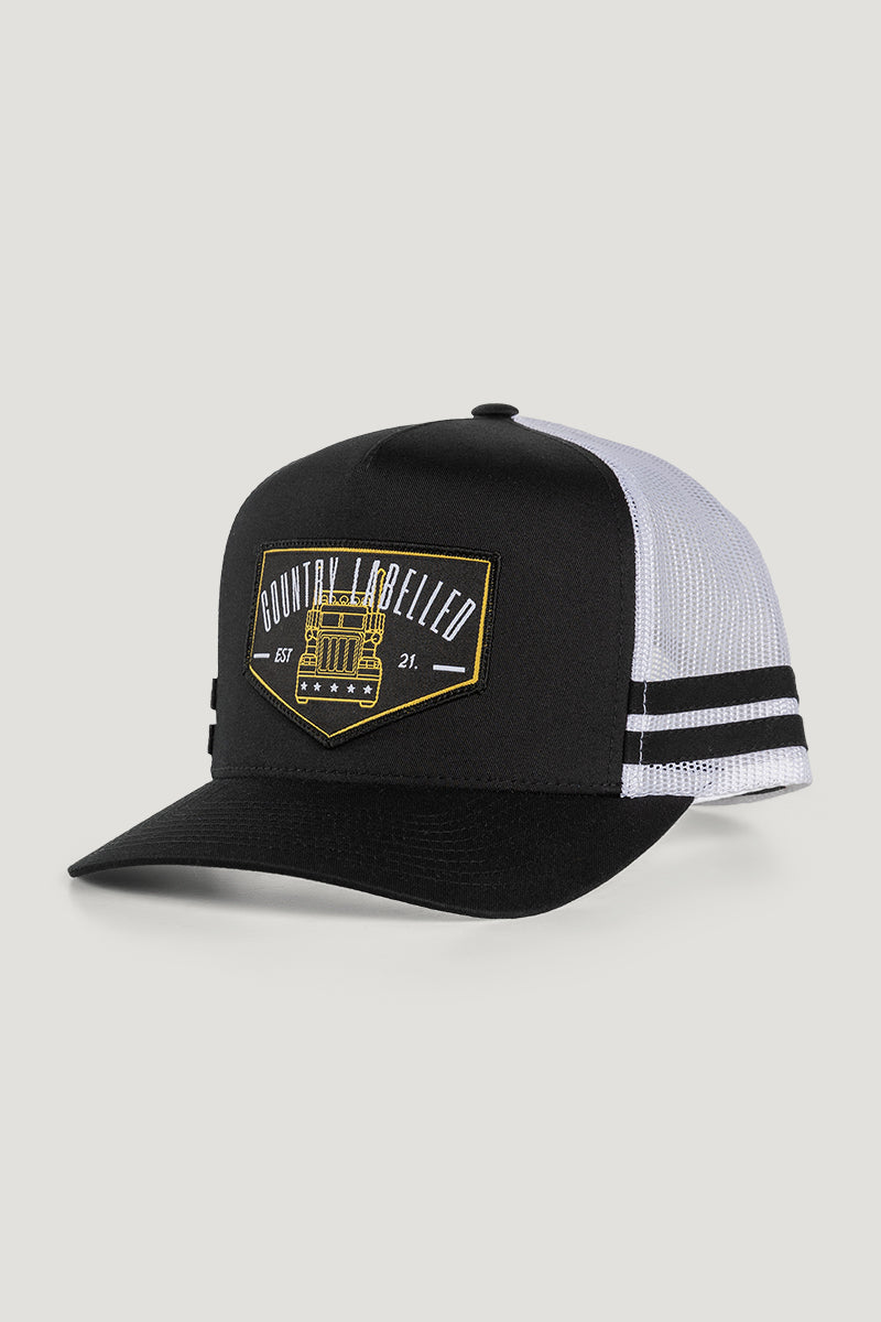 Country Labelled Stripe Trucker Cap Black & White