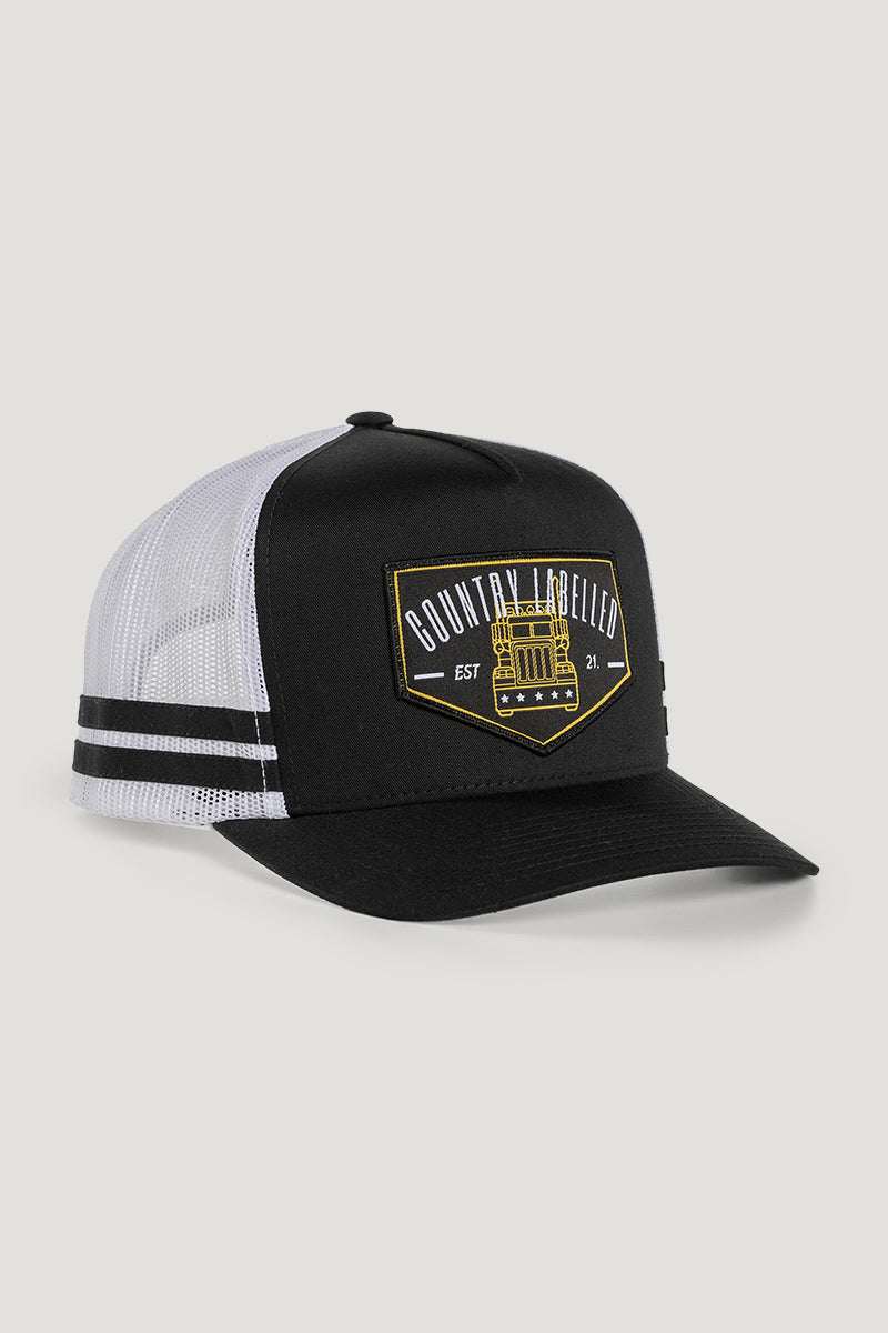 Country Labelled Stripe Trucker Cap Black & White