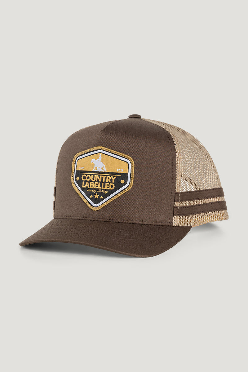 Country Labelled Stripe Cap Brown & Gold Reining Horse