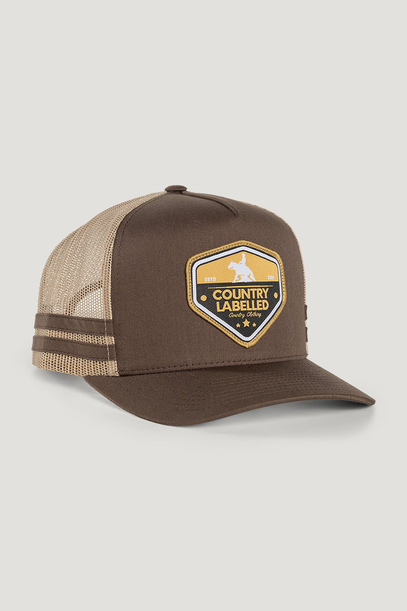 Country Labelled Stripe Cap Brown & Gold Reining Horse