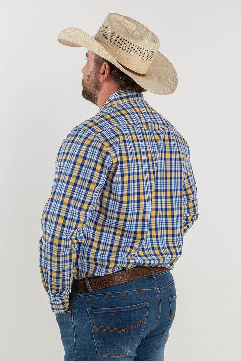 CL Cowboy Pearl Snap Button Up - Blue & Gold Check