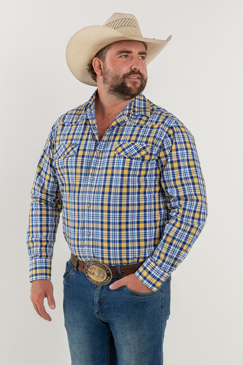 CL Cowboy Pearl Snap Button Up - Blue & Gold Check