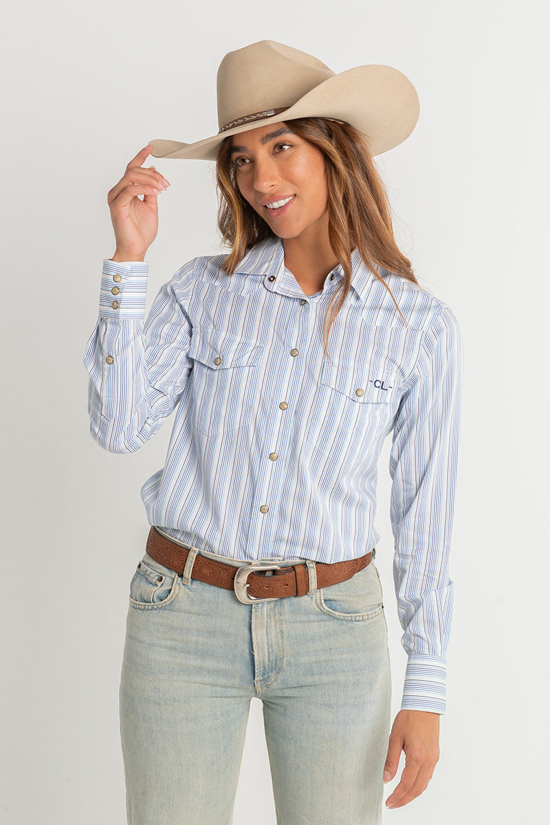 CL Cowgirl Pearl Snap Button Up - Purple & Blue Stripe