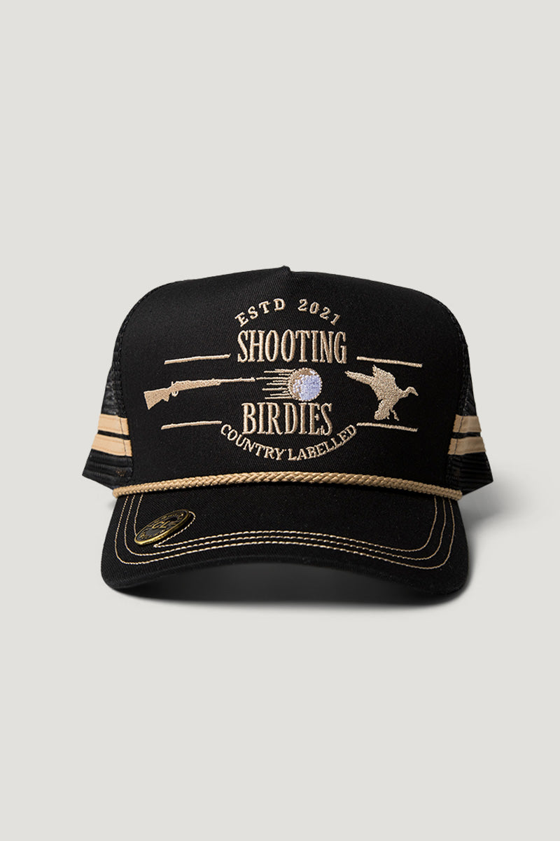 Country Labelled Golf Cap With Magnetic Ball Marker - Shooting Birdies - Black & Gold