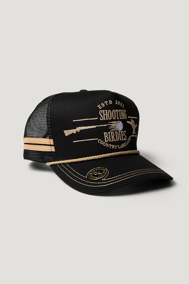 Country Labelled Golf Cap With Magnetic Ball Marker - Shooting Birdies - Black & Gold