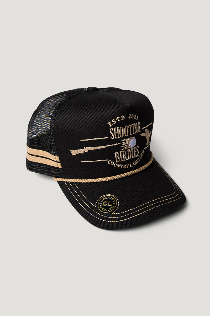 Country Labelled Golf Cap With Magnetic Ball Marker - Shooting Birdies - Black & Gold