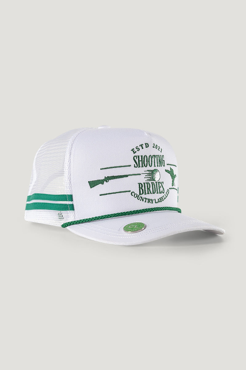 Country Labelled Golf Cap With Magnetic Ball Marker - Shooting Birdies - White & Green