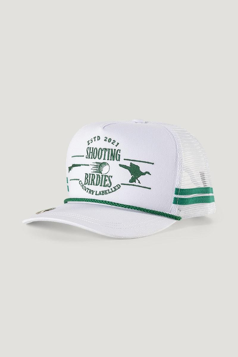 Country Labelled Golf Cap With Magnetic Ball Marker - Shooting Birdies - White & Green