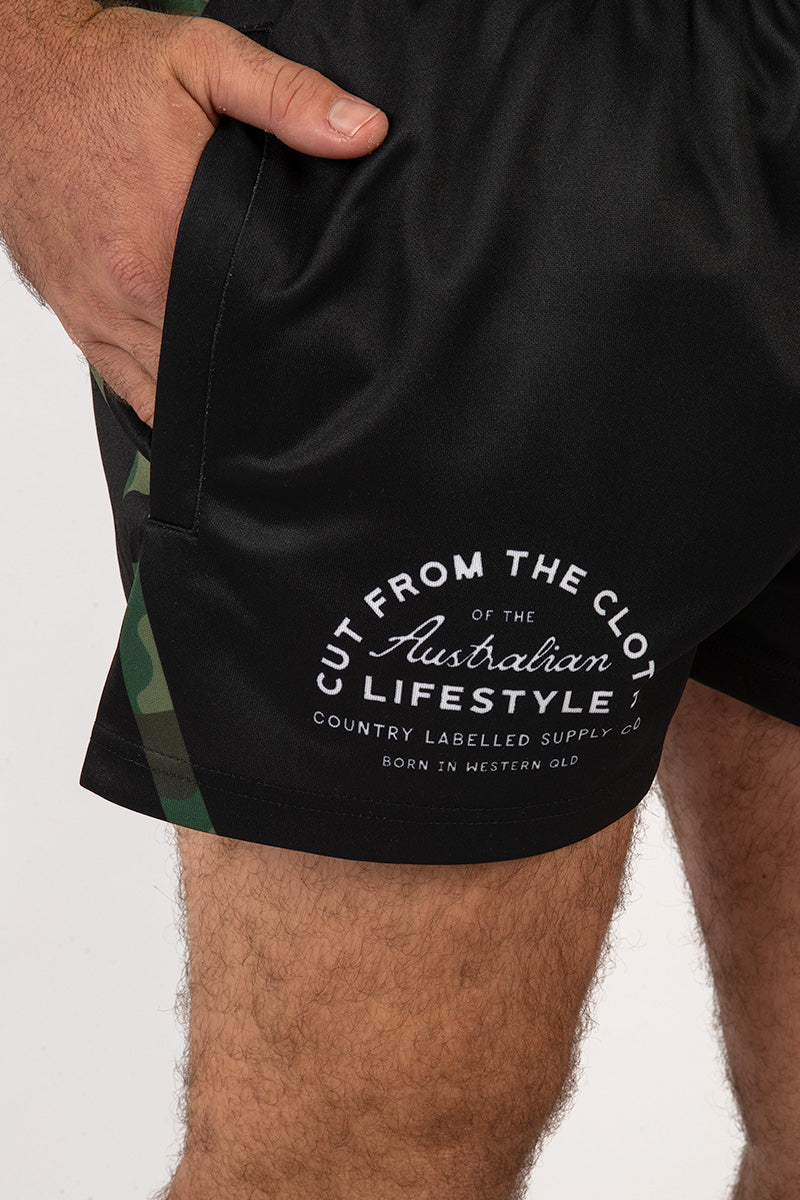 Footy Shorts Black & Camo Stripe