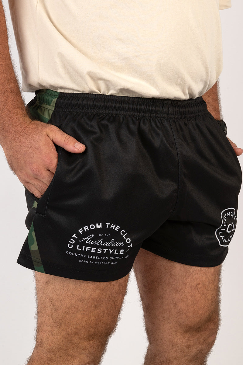 Footy Shorts Black & Camo Stripe