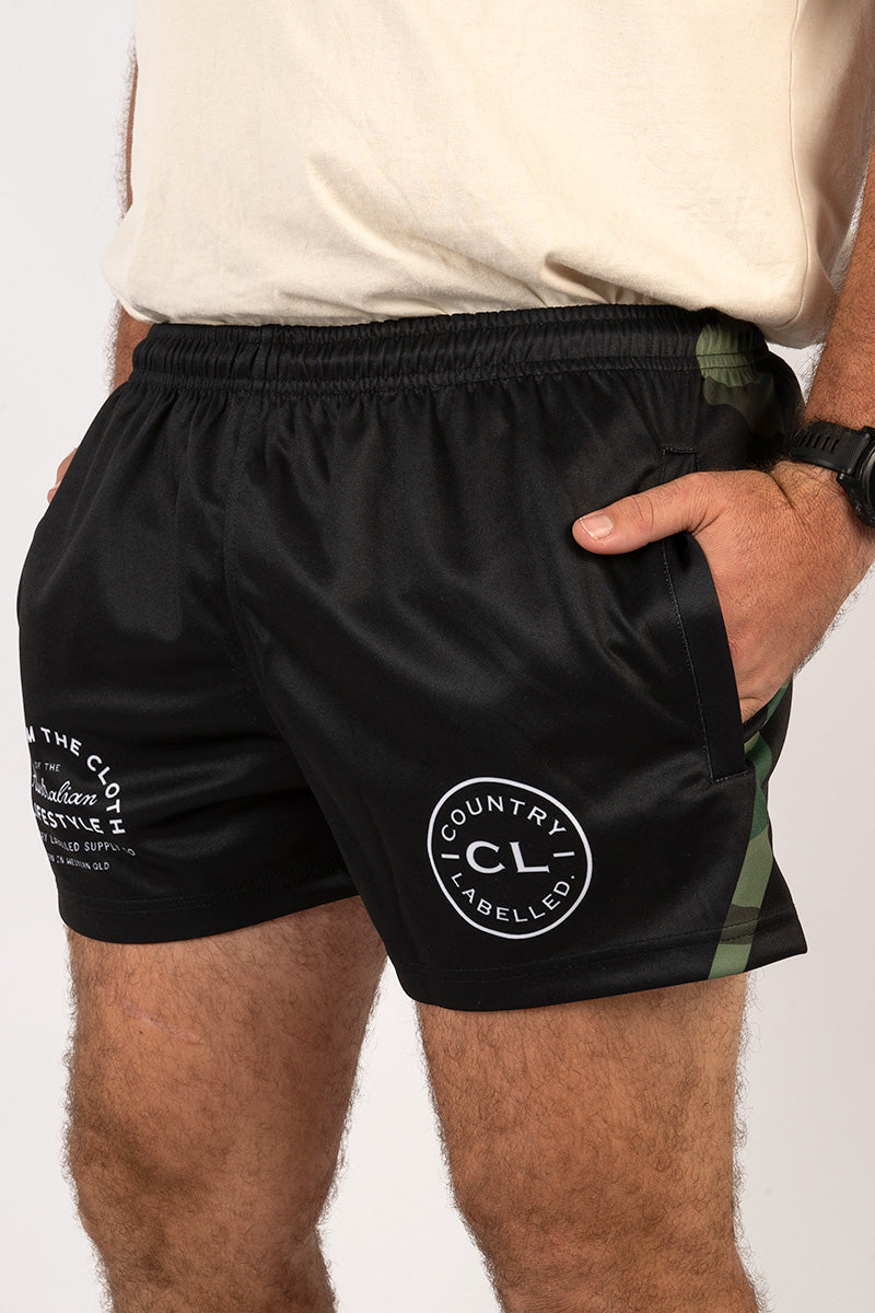 Footy Shorts Black & Camo Stripe