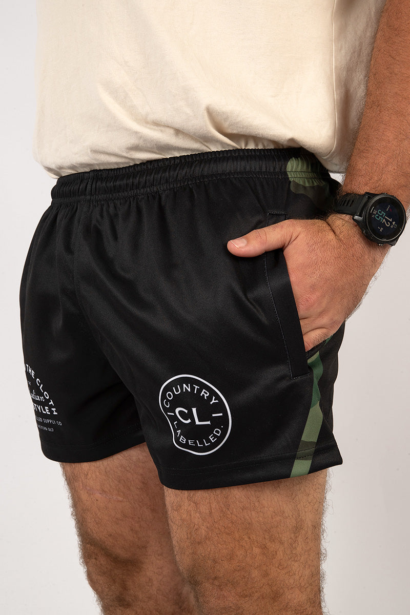 Footy Shorts Black & Camo Stripe