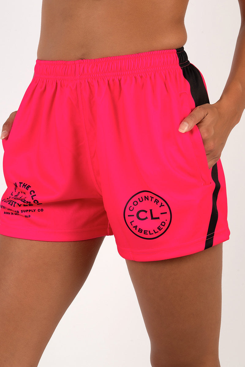 Footy Shorts Hot Pink Black COUNTRY LABELLED