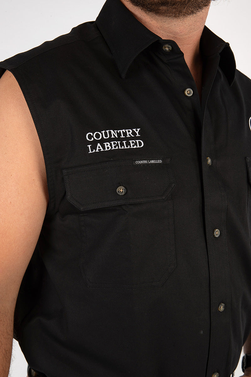 Full Button Sleeveless Work Shirt - Black