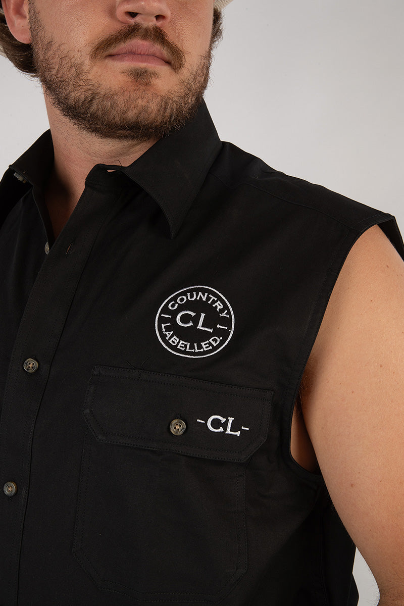 Full Button Sleeveless Work Shirt - Black