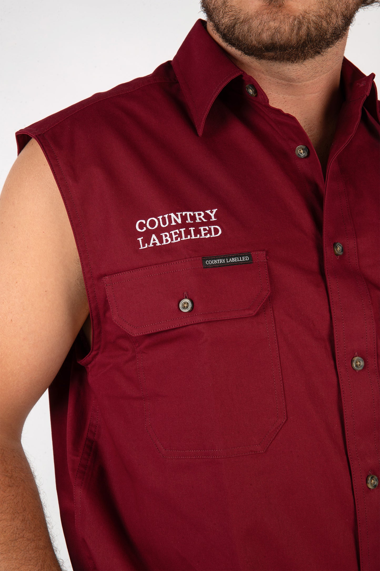 Full Button Sleeveless Work Shirt - Burgundy