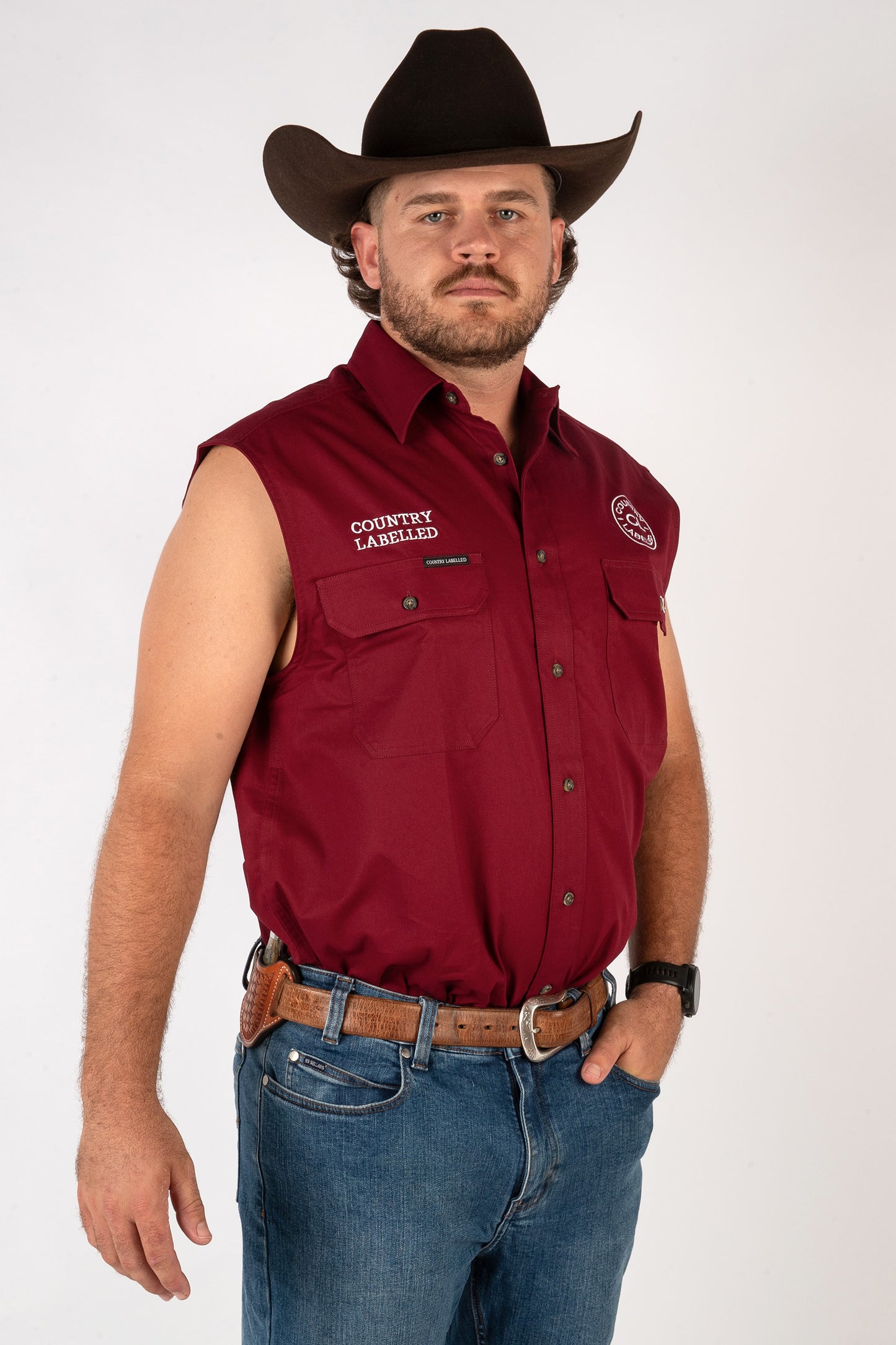 Full Button Sleeveless Work Shirt - Burgundy