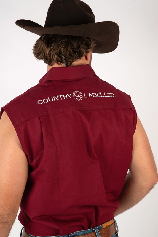 Full Button Sleeveless Work Shirt - Burgundy