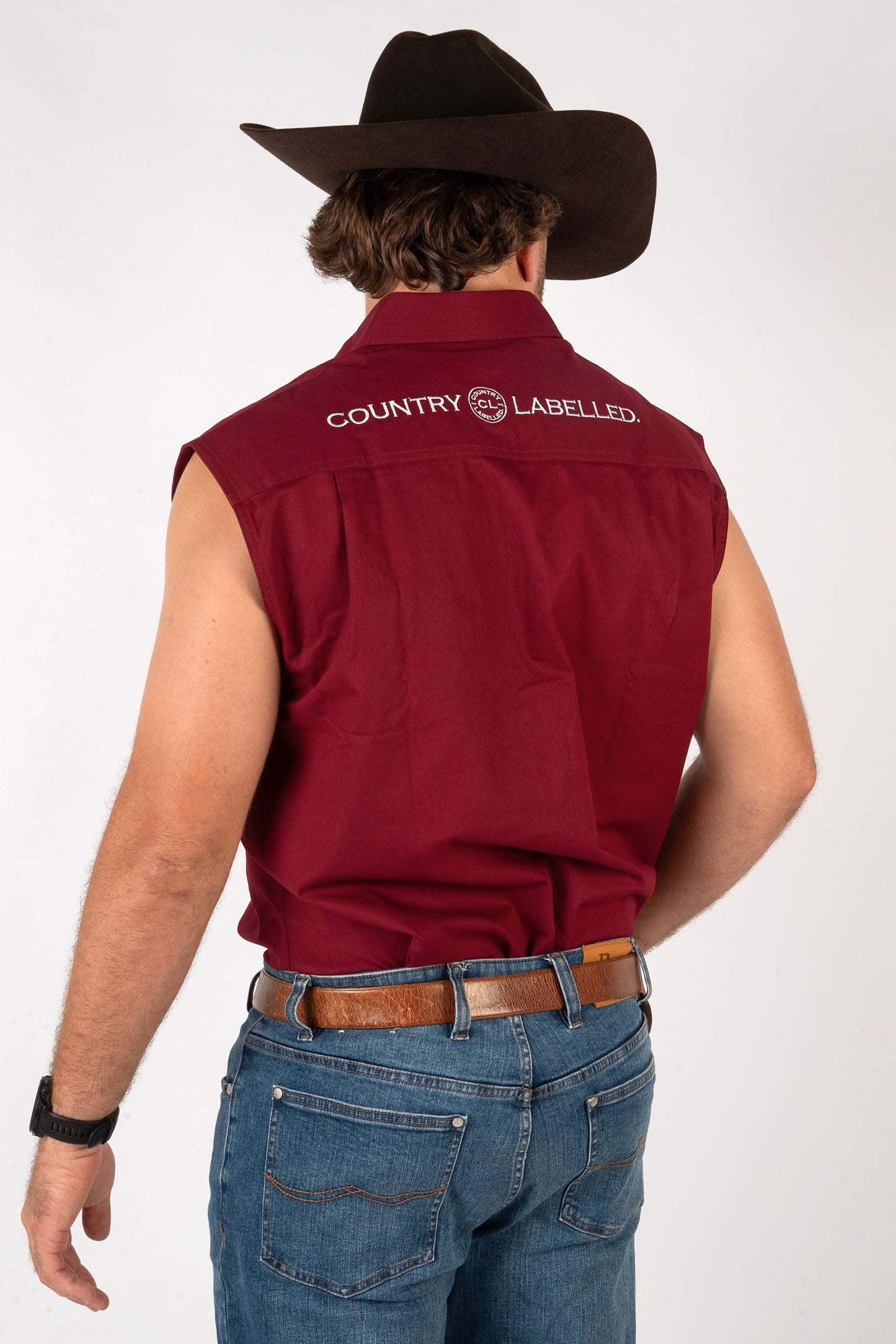 Full Button Sleeveless Work Shirt - Burgundy