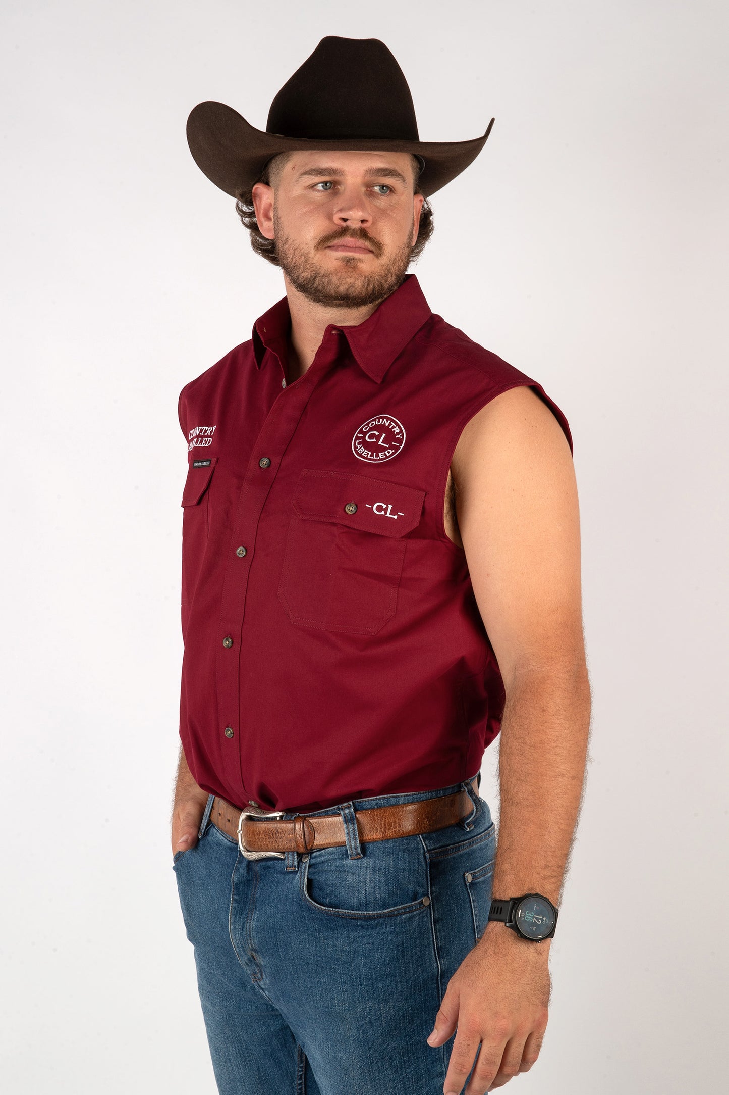 Full Button Sleeveless Work Shirt - Burgundy