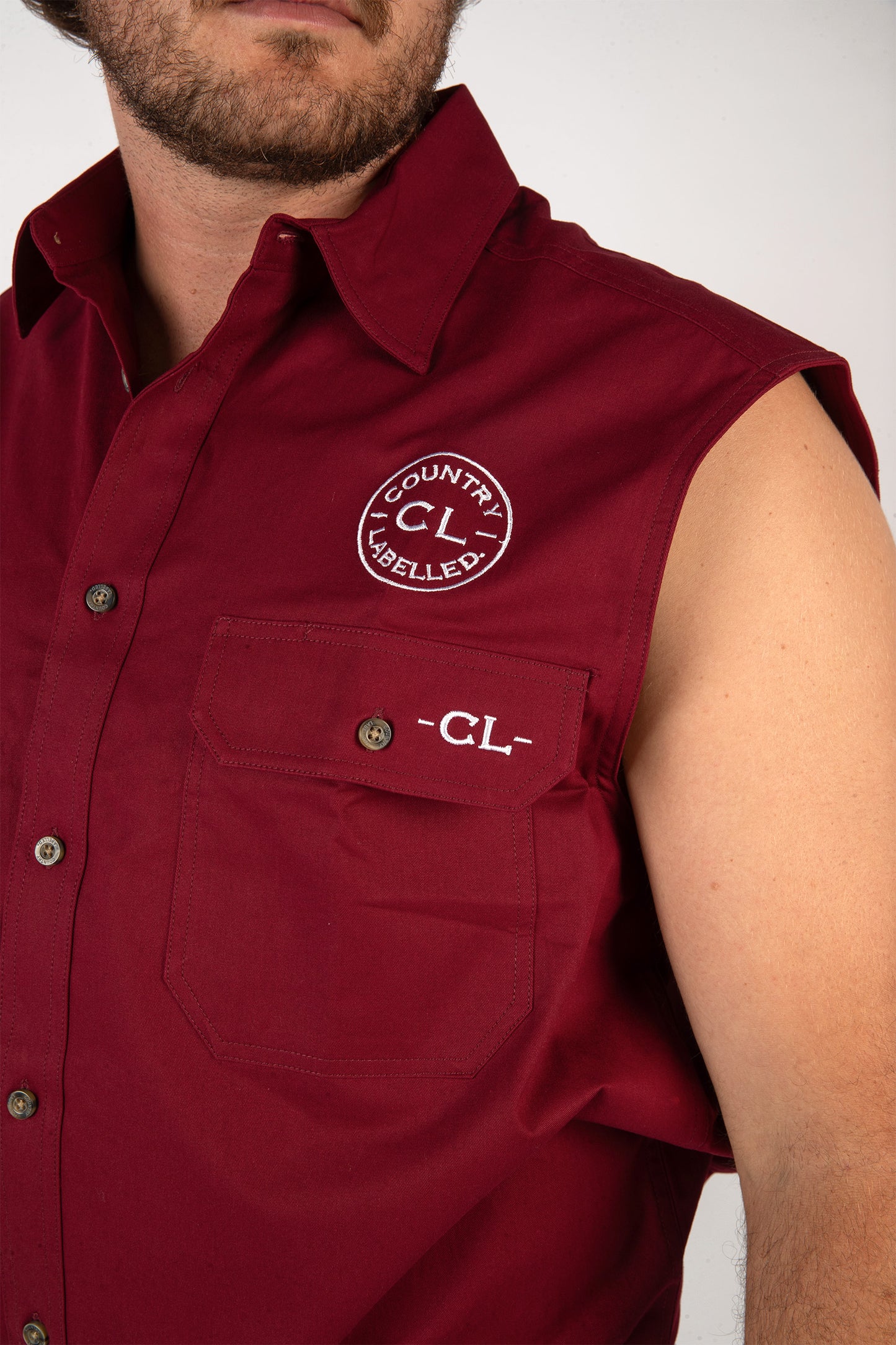 Full Button Sleeveless Work Shirt - Burgundy