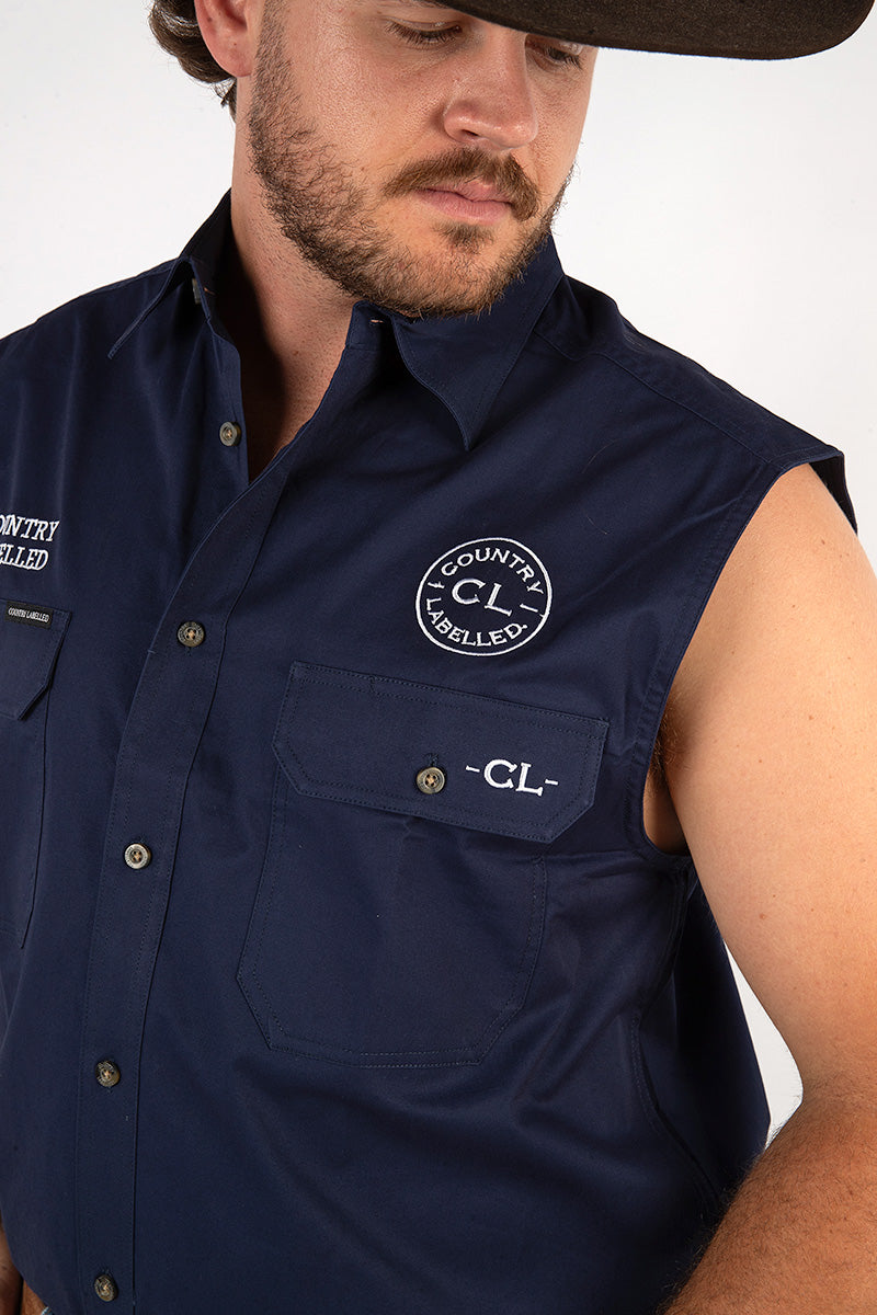 Full Button Sleeveless Work Shirt - Navy