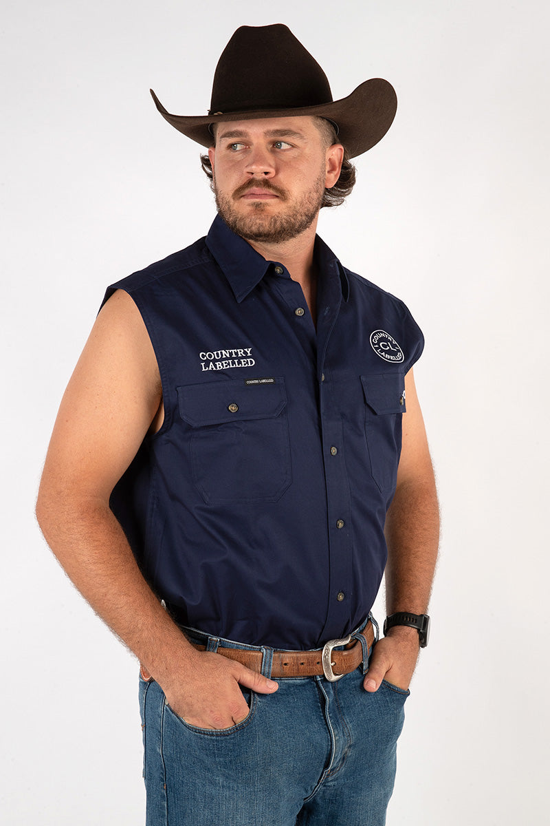 Full Button Sleeveless Work Shirt - Navy