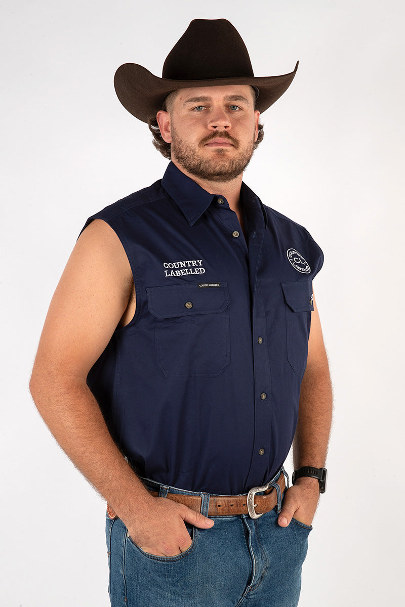 Full Button Sleeveless Work Shirt - Navy