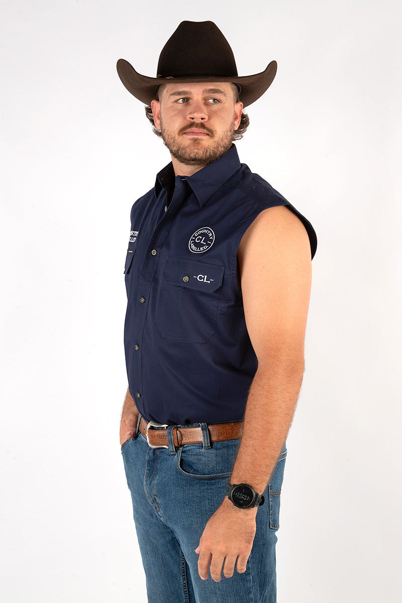 Full Button Sleeveless Work Shirt - Navy