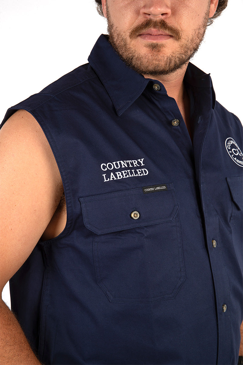 Full Button Sleeveless Work Shirt - Navy