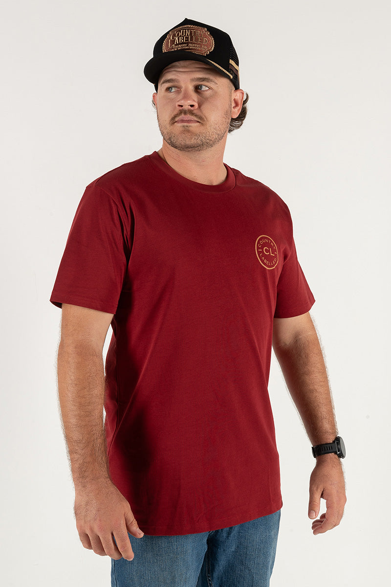 Mens Classic Signature CL T Shirt - Burgundy - Tan Logo