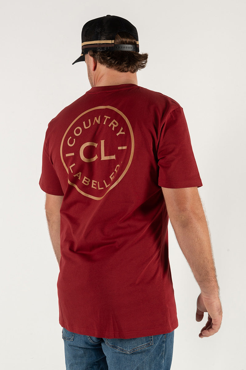 Mens Classic Signature CL T Shirt - Burgundy - Tan Logo