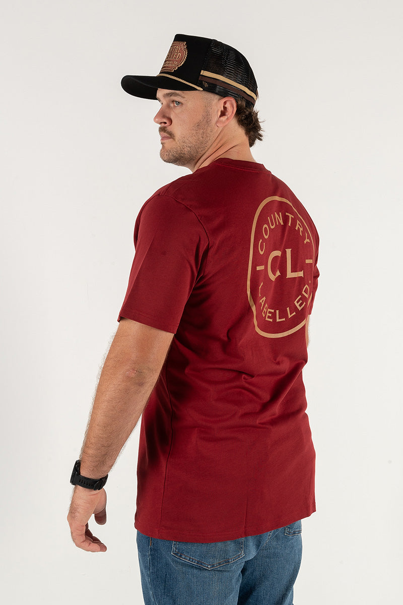 Mens Classic Signature CL T Shirt - Burgundy - Tan Logo