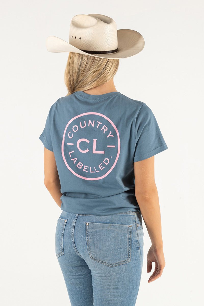 Women's Classic Signature CL T Shirt - Petrol Blue - Dusty Pink Logo Version 2