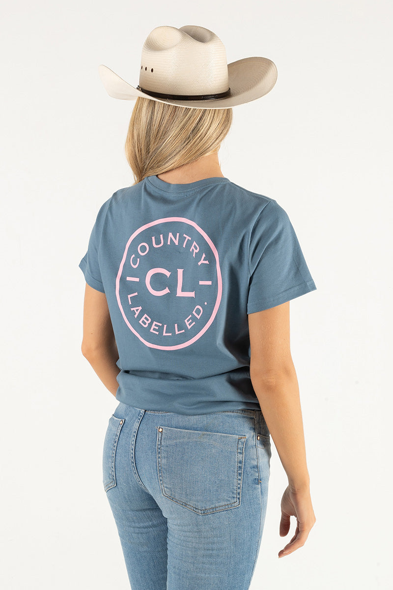 Women's Classic Signature CL T Shirt - Petrol Blue - Dusty Pink Logo Version 2