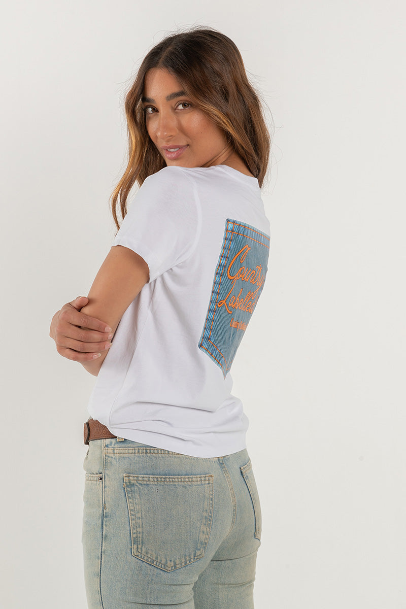 Women's Classic Signature CL T Shirt  - White - Denim Patch Logo