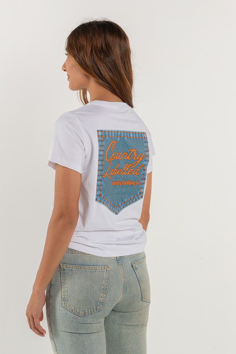 Women's Classic Signature CL T Shirt  - White - Denim Patch Logo