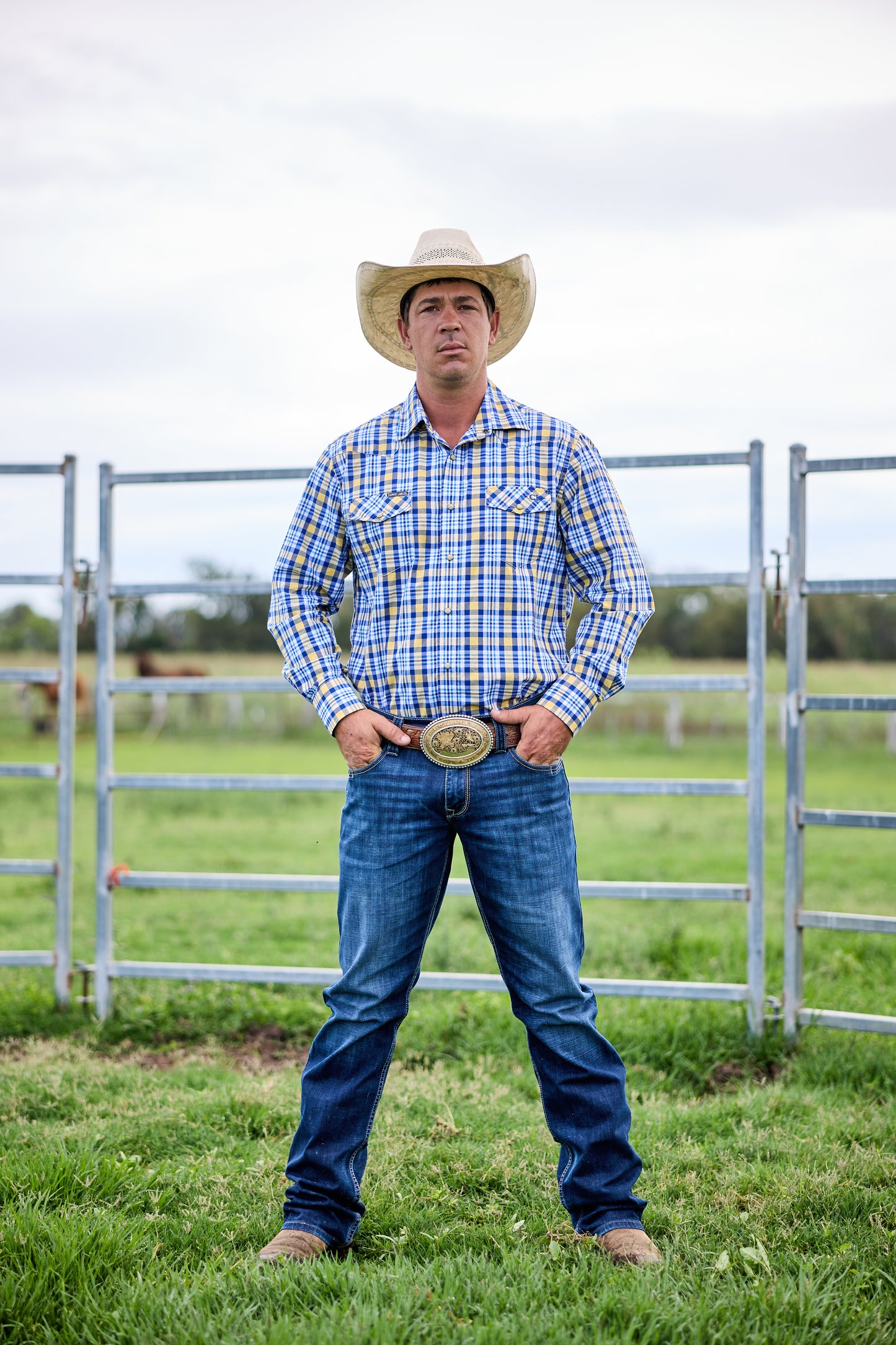 CL Cowboy Pearl Snap Button Up - Blue & Gold Check