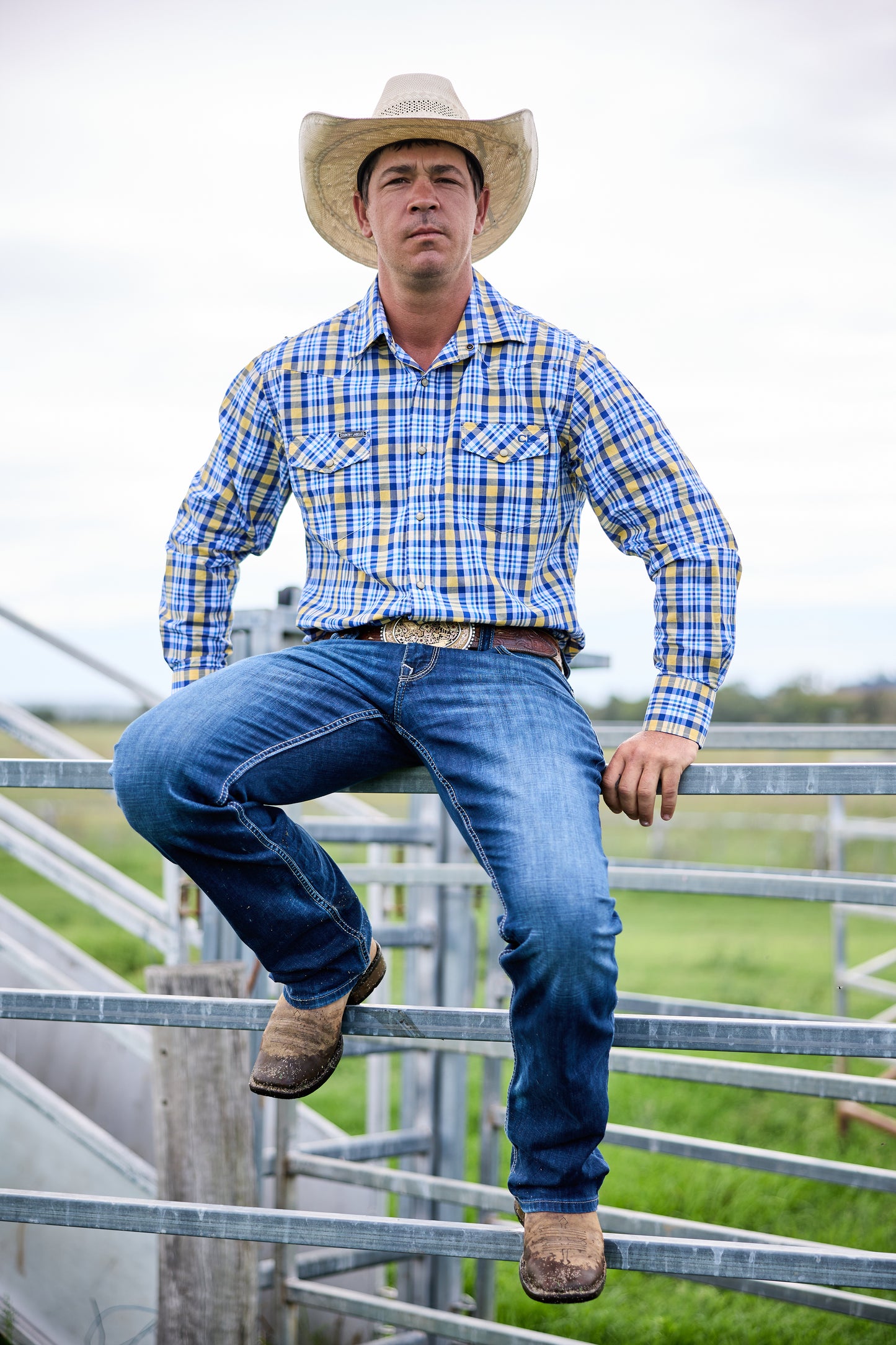 CL Cowboy Pearl Snap Button Up - Blue & Gold Check