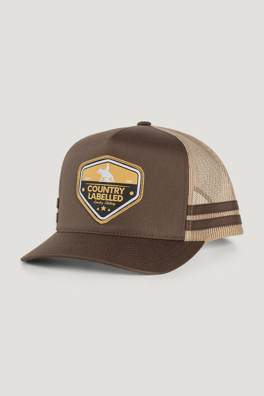 Country Labelled Stripe Cap Brown & Gold Reining Horse