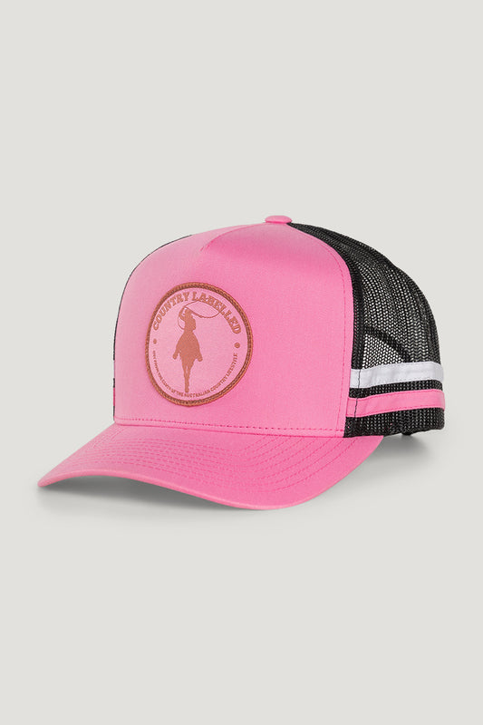 Country Labelled Stripe Cap Pink & Black Cowgirl Roping