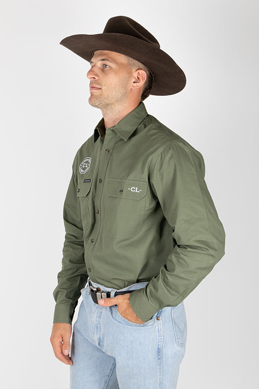 THE CATTLEMAN’S FULL BUTTON WORK SHIRT - KHAKI GREEN