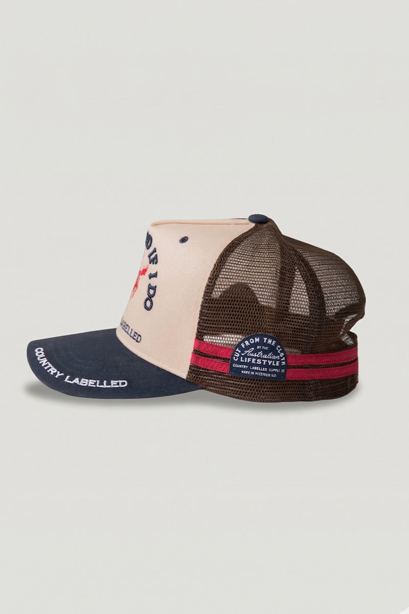 Country Labelled Cap - Don't Mind If I Do - Tan, Navy & Red