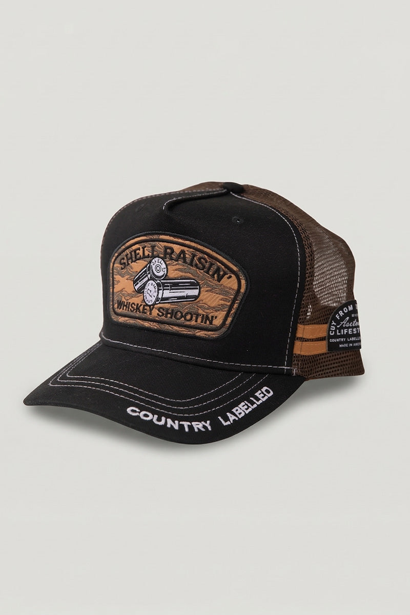 Country Labelled Cap - Shell Raisin' Whiskey Shootin' - Black & Camo