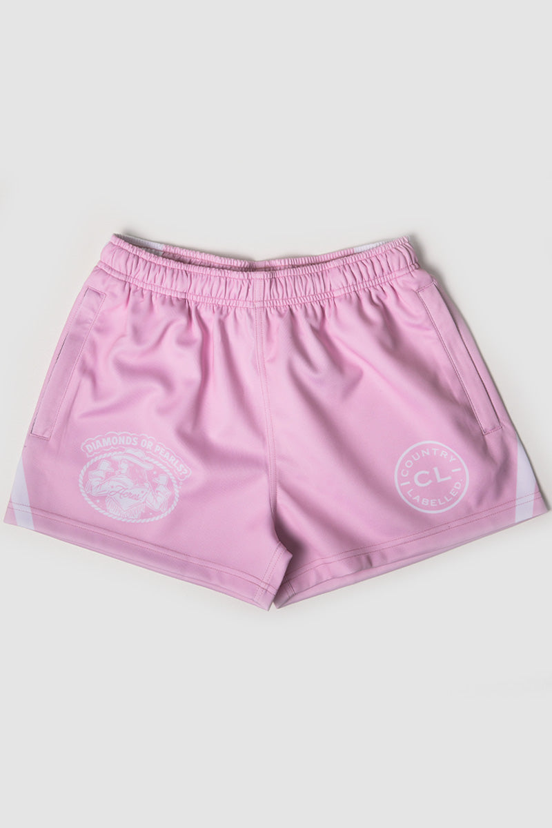 Footy Shorts - Acre Chasing - Pink & White