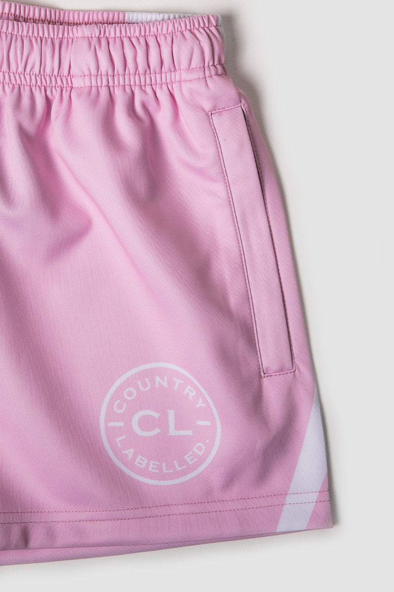 Footy Shorts - Acre Chasing - Pink & White