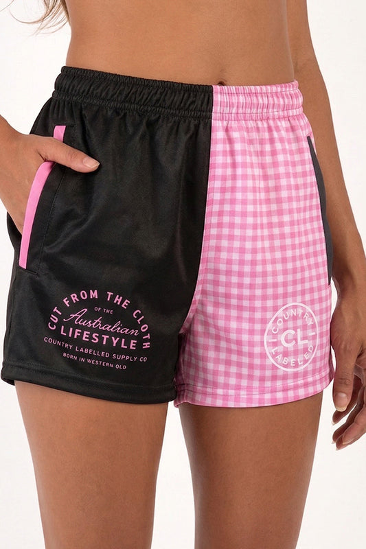 Footy Shorts - Black and Pink Gingham