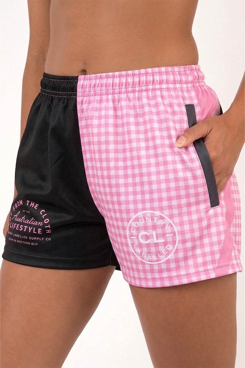Footy Shorts - Black and Pink Gingham