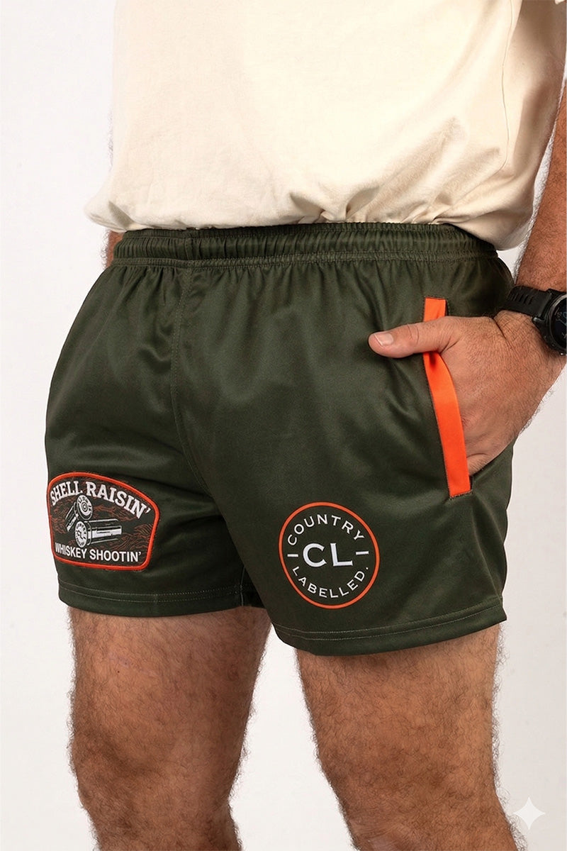 Footy Shorts - Shell Raisin' - Olive & Orange
