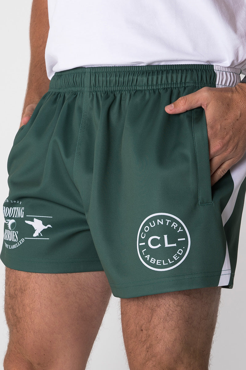 Footy Shorts - Shooting Birdies - Green & White